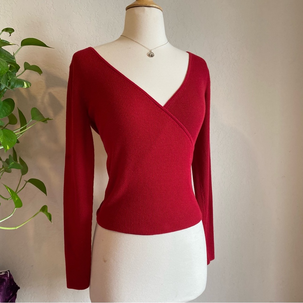 Leith Red Ribbed V neck long sleeve wrap top - Picture 14 of 14